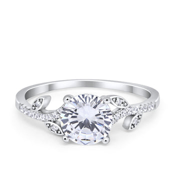 Leaf Style Wedding Ring Round Simulated Cubic Zirconia 925 Sterling Silver